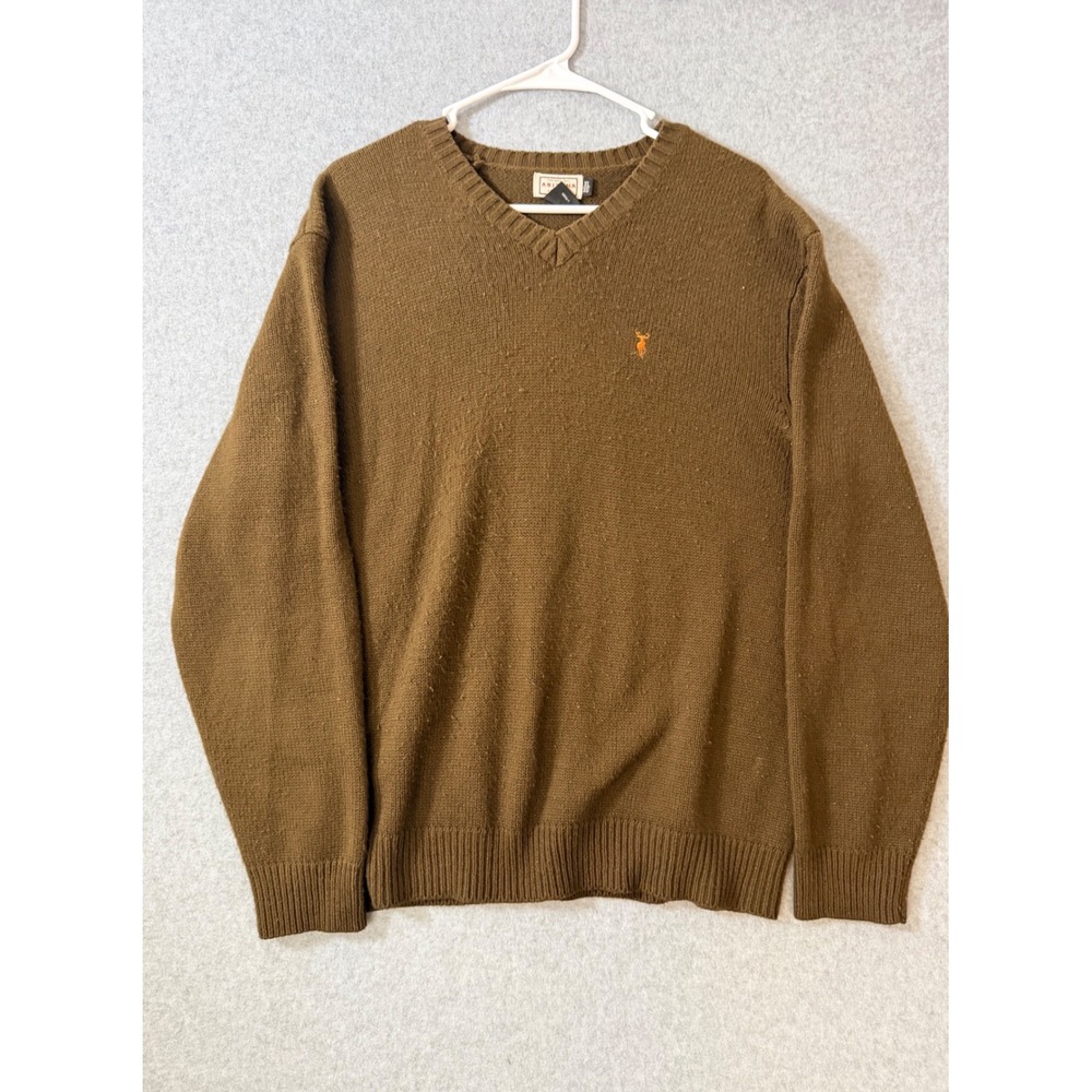 Arizona Jean Company Sweater Mens XL V-Neck Knit Deer Logo Brown Long Sleeve XL